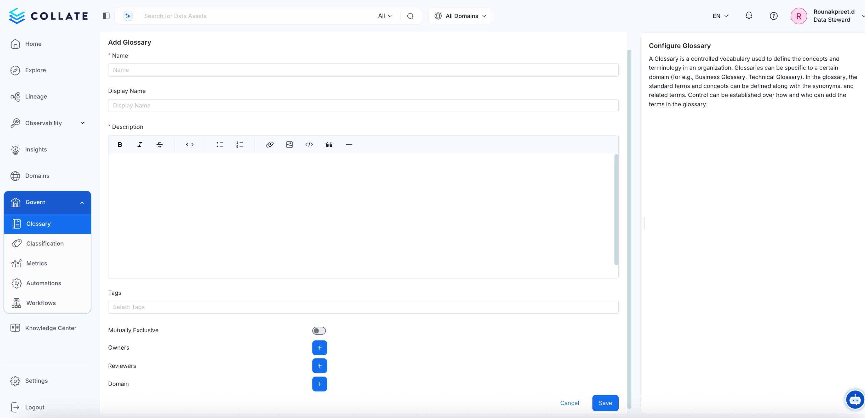 Configure the Glossary